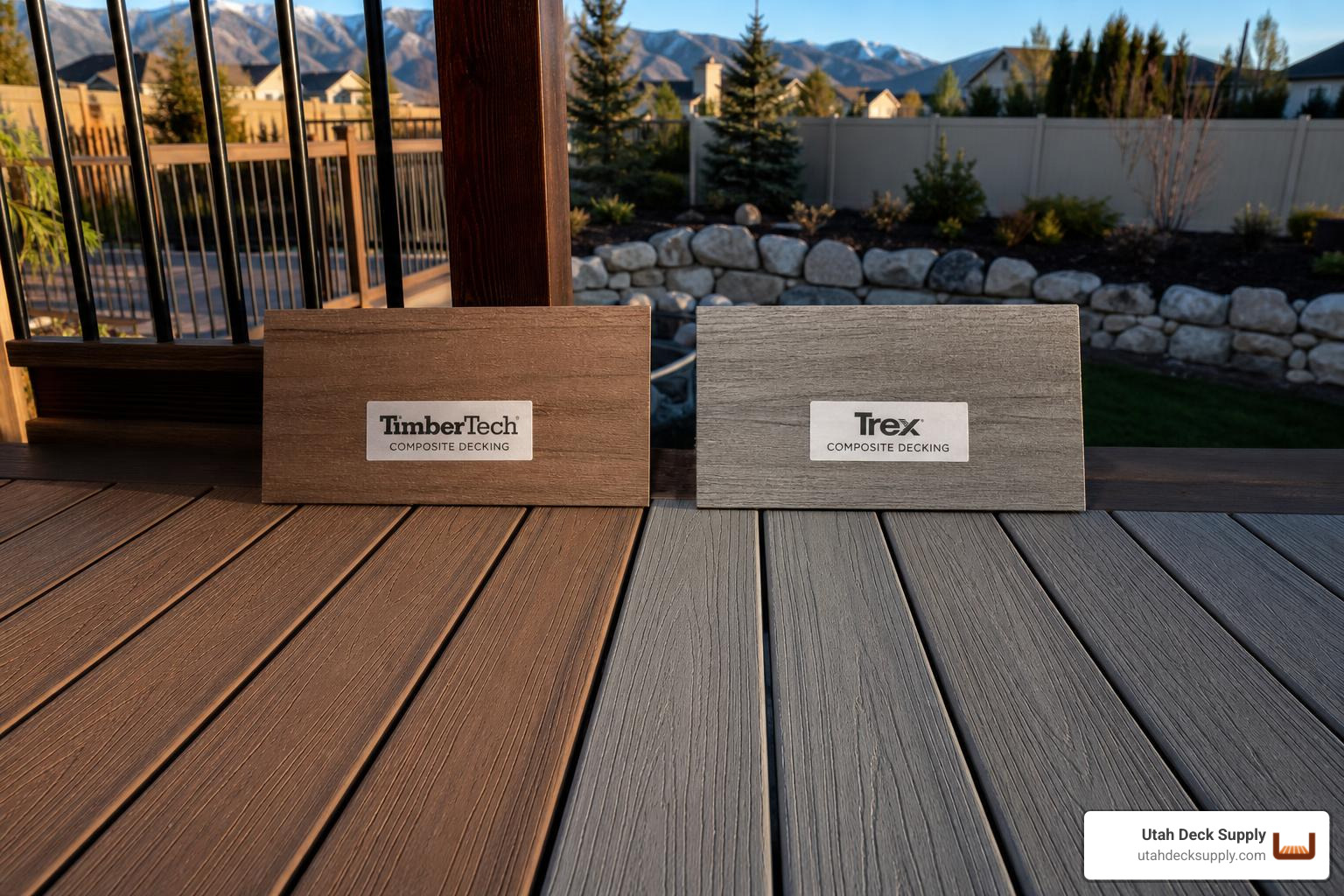 TimberTech vs Trex composite deck boards side by side in afternoon Utah backyard light TimberTech vs Trex composite deck boards side by side in afternoon Utah backyard light