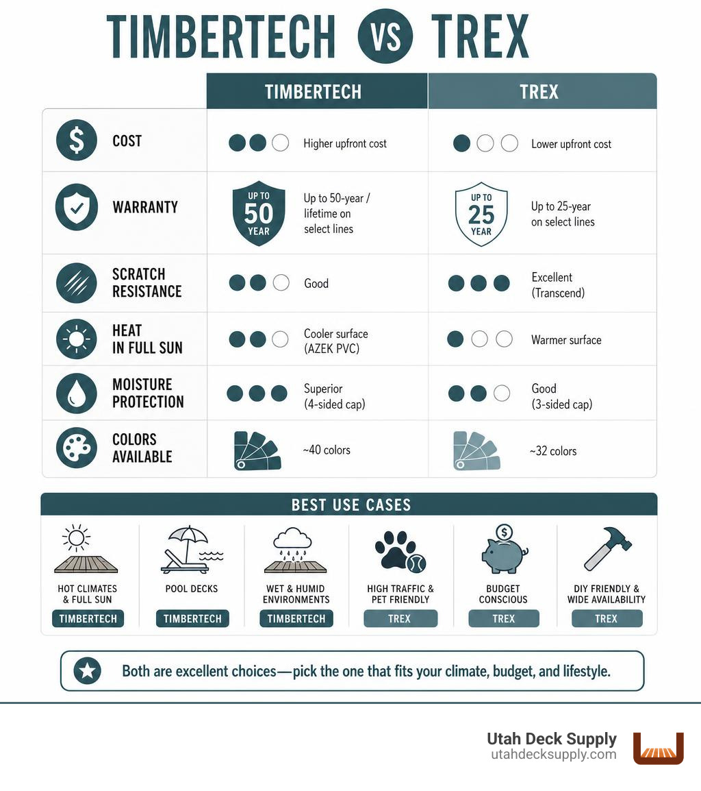 TimberTech vs Trex comparison infographic: cost, warranty, scratch resistance, heat, moisture, colors, and best use cases TimberTech vs Trex comparison infographic: cost, warranty, scratch resistance, heat, moisture, colors, and best use cases