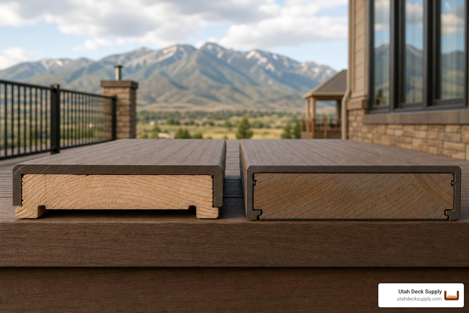 3-sided Trex cap and 4-sided TimberTech cap cross section on Utah deck boards 3-sided Trex cap and 4-sided TimberTech cap cross section on Utah deck boards