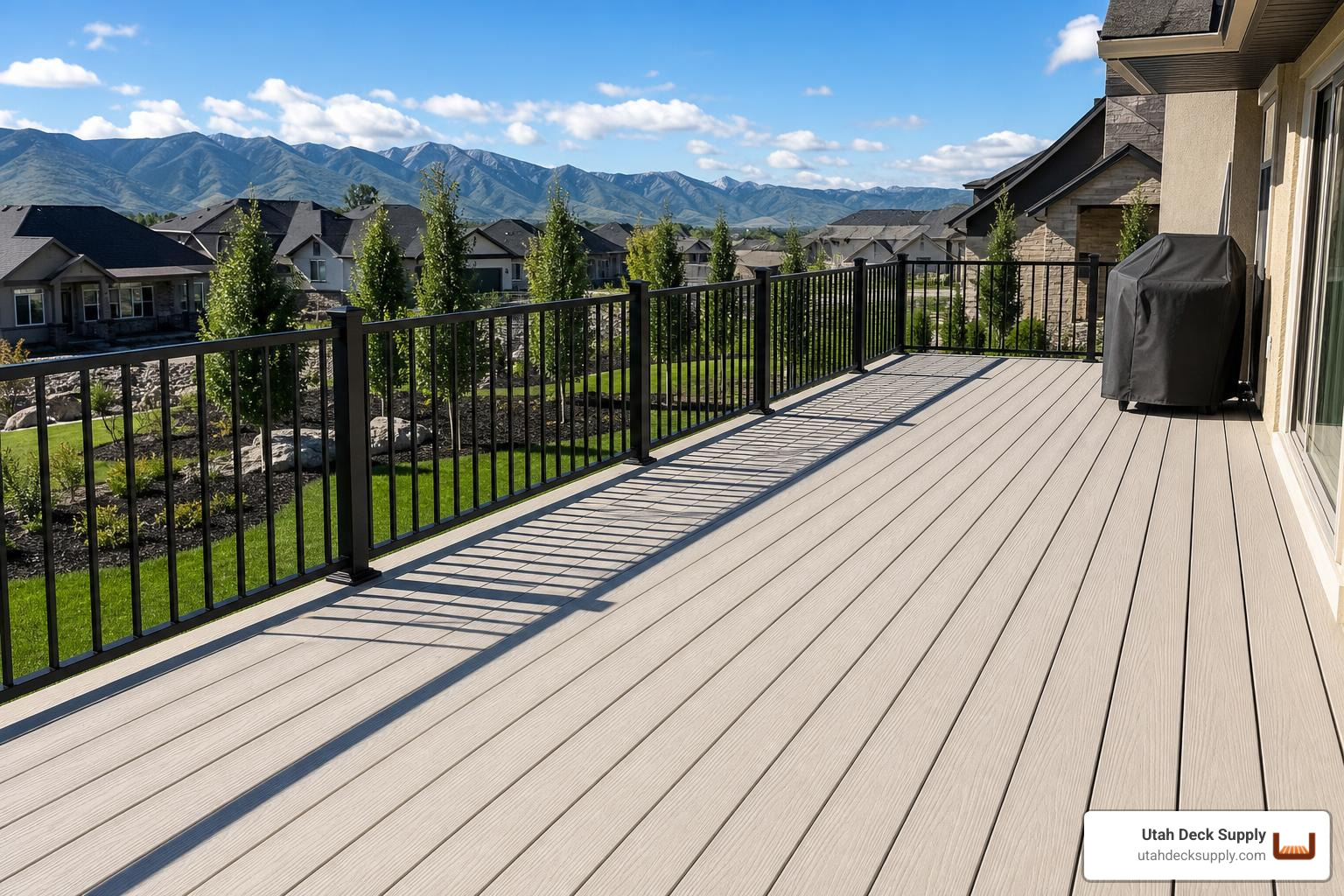 Light colored composite deck boards in full Utah sun with no people in afternoon light Light colored composite deck boards in full Utah sun with no people in afternoon light