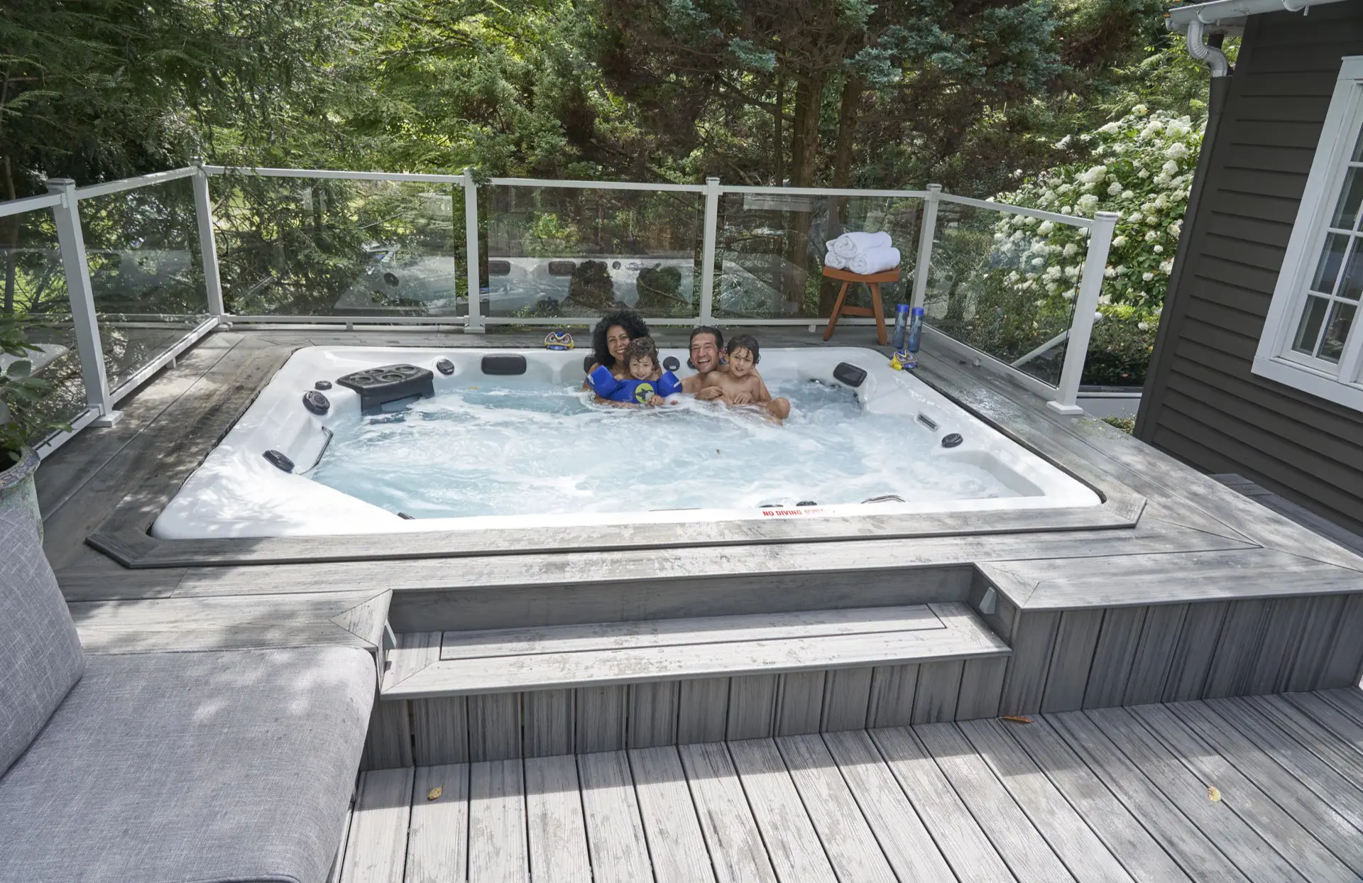 Glass railing near hot tub
