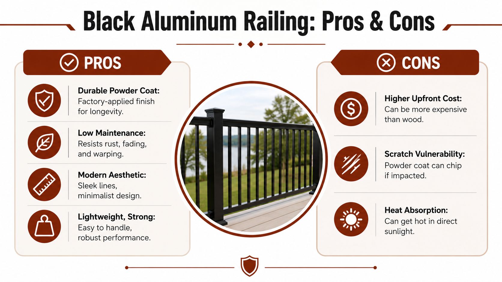 An infographic comparing the pros and cons of black aluminum deck railing for residential outdoor spaces.