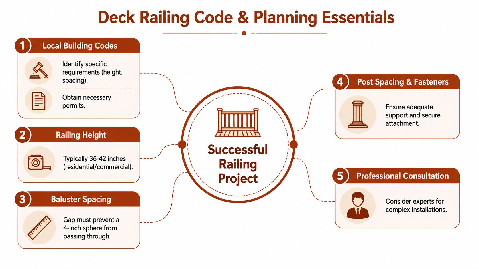 An infographic detailing essential planning steps and code requirements for installing safe deck railing systems.