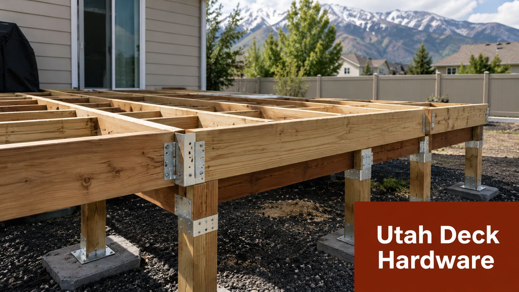 A partially constructed wooden deck frame supported by metal posts and brackets in a backyard setting.