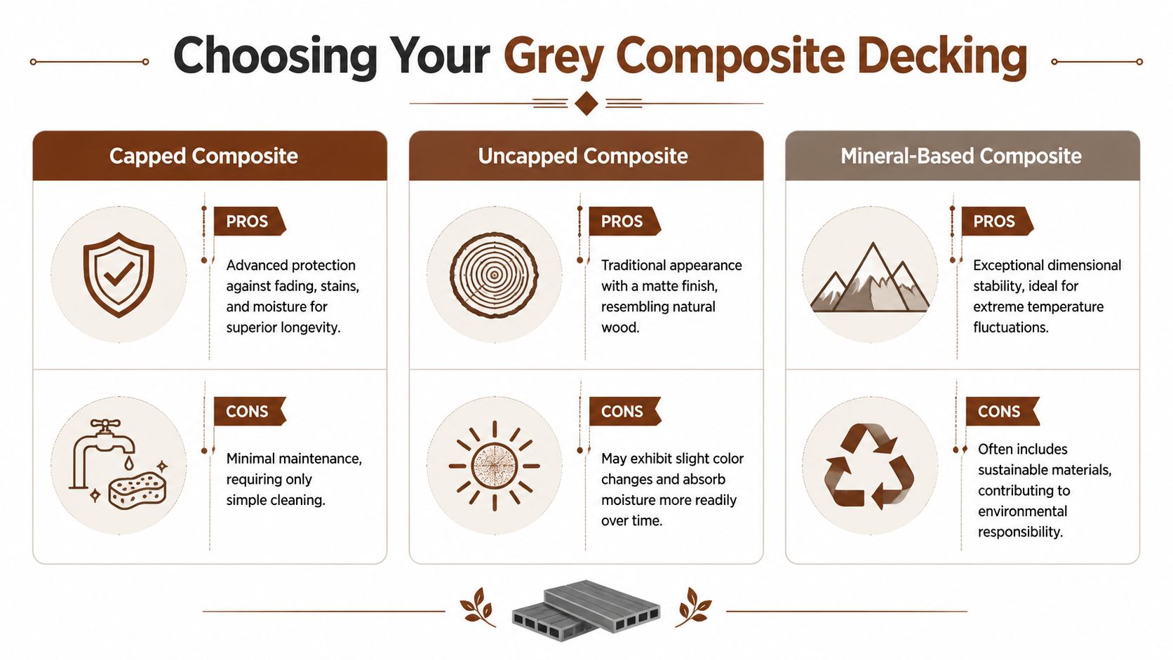 A comparison chart outlining the pros and cons of capped, uncapped, and mineral-based grey composite decking materials.