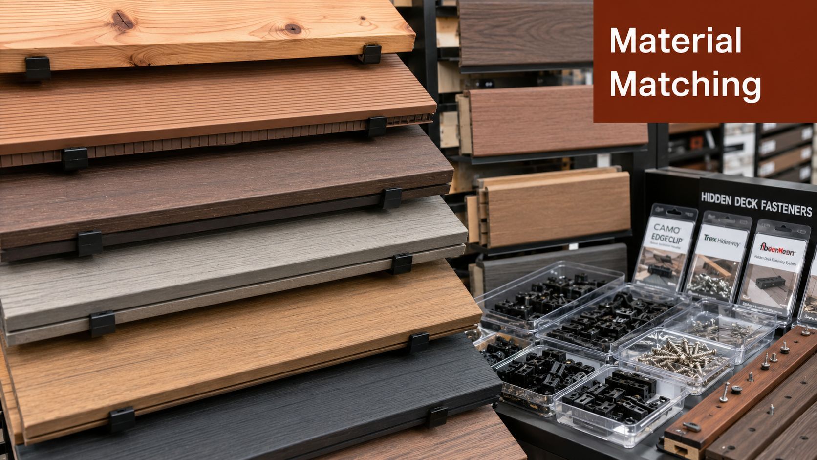 A display rack showing various deck board samples next to a container of hidden deck fasteners.