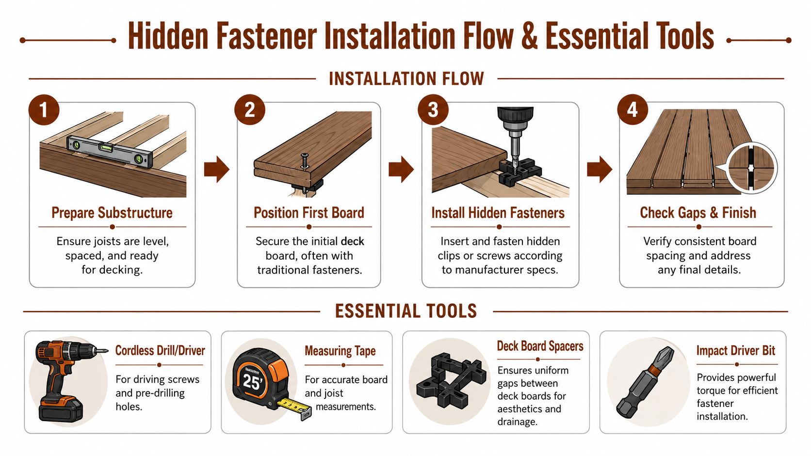 An instructional infographic detailing the four-step installation flow and essential tools for hidden deck fasteners.