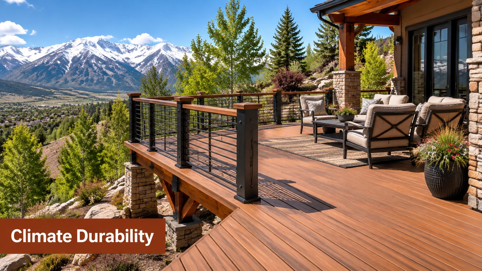 A luxurious wooden deck featuring hidden deck fasteners overlooking a stunning mountain valley landscape with patio furniture.