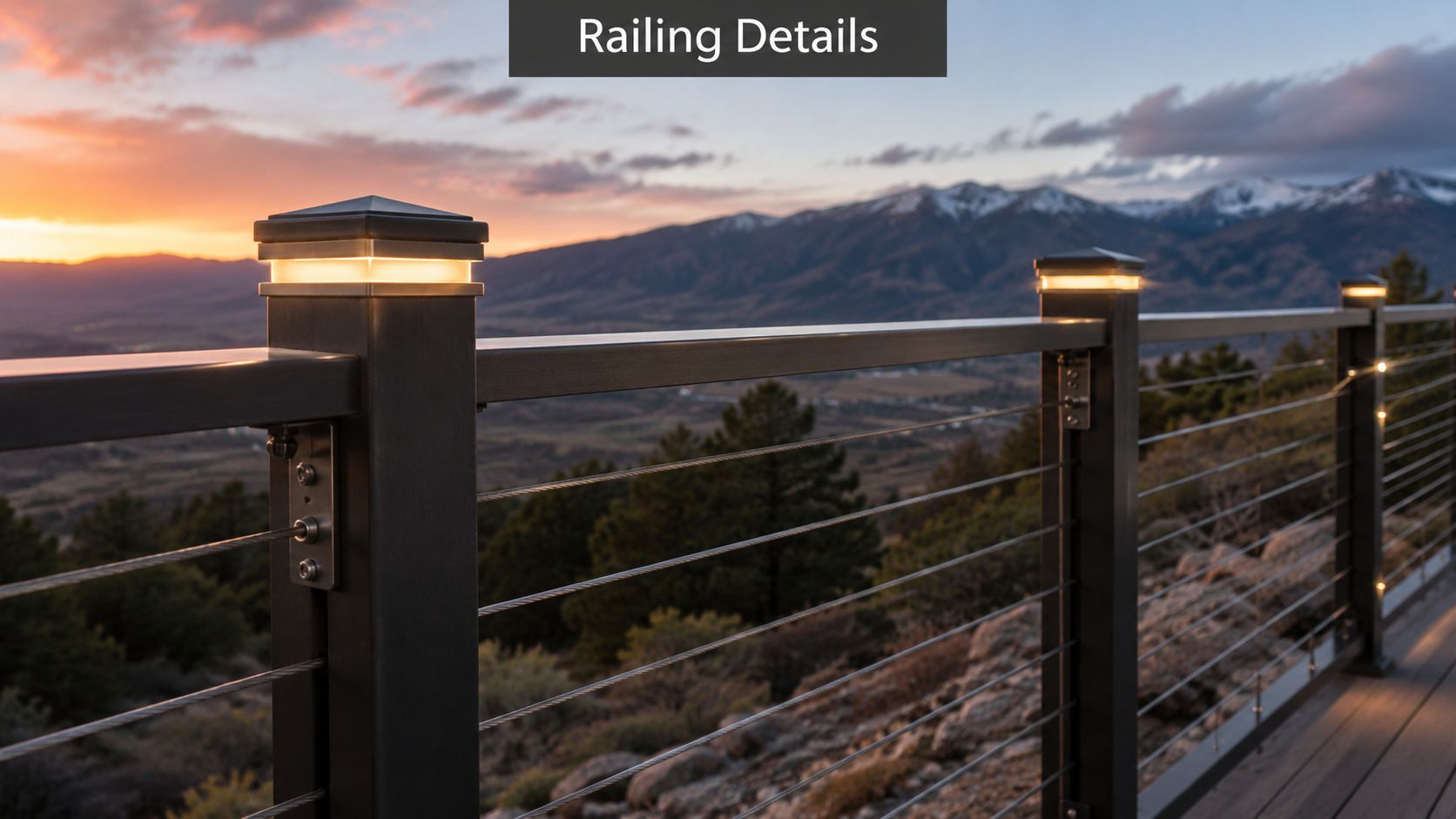 A modern deck railing system with illuminated post caps overlooking a scenic mountain view at sunset.