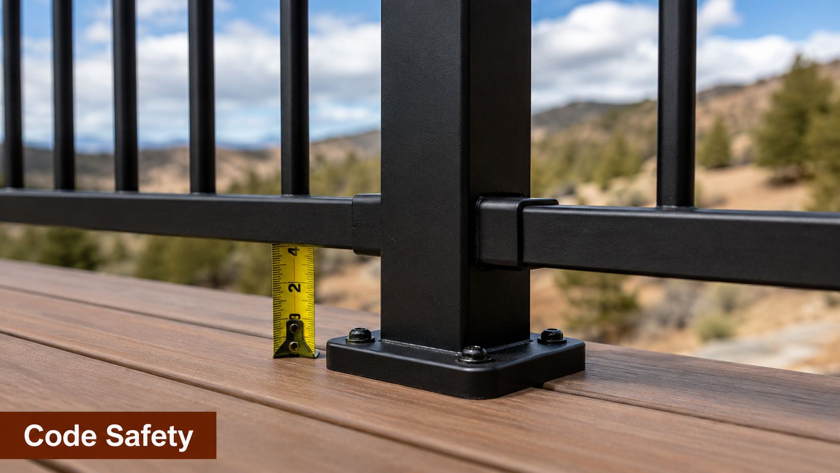 A close-up view of a black metal deck railing post showing the code compliant bottom gap distance.