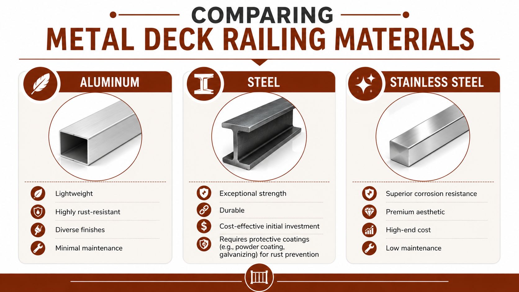 A comparison chart outlining the pros and cons of aluminum, steel, and stainless steel for deck railings.