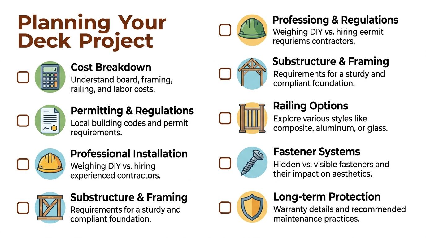 An infographic checklist outlining essential considerations for planning and building a professional deck project.