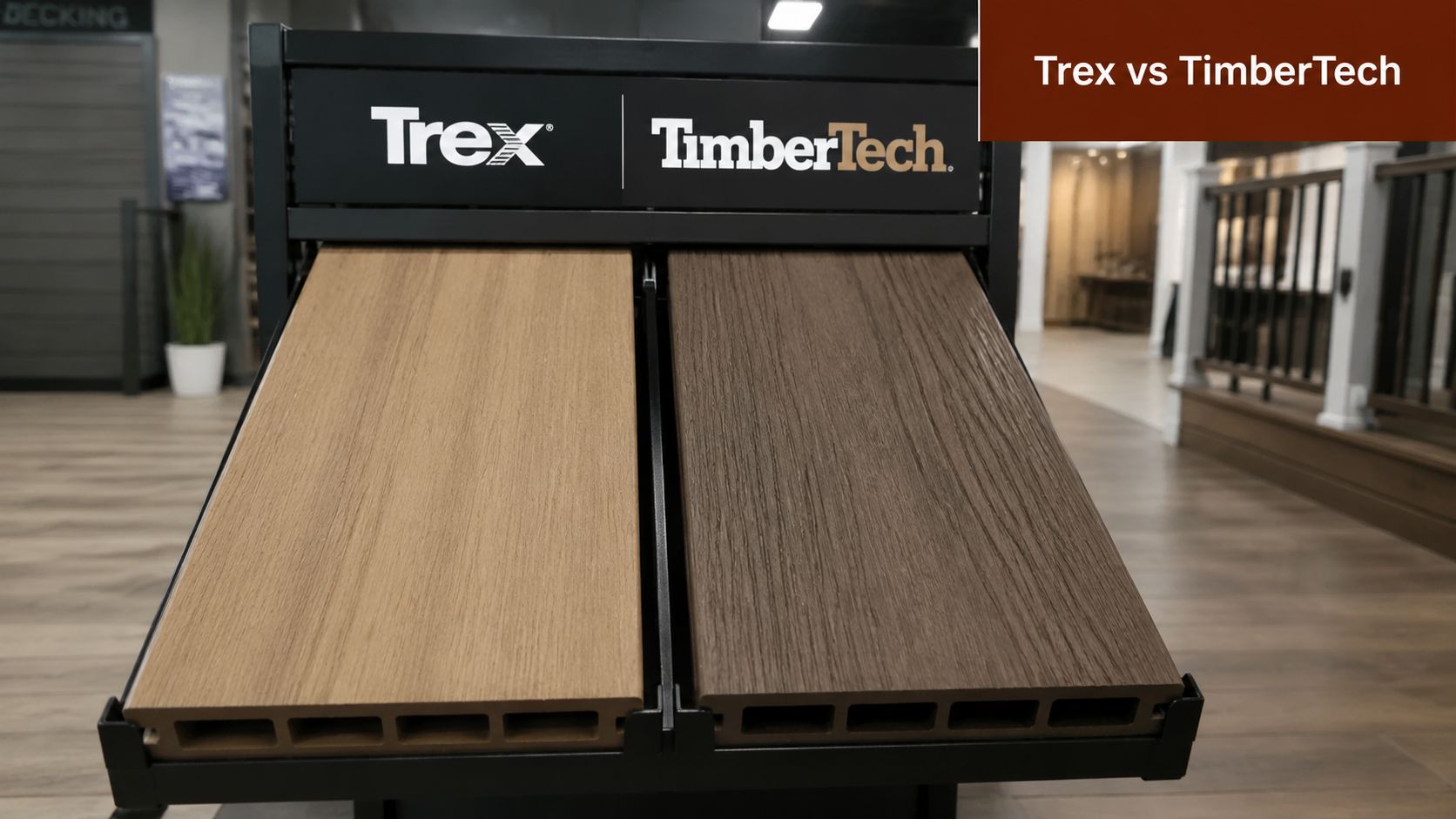 A display stand showcasing a light tan Trex deck board and a dark brown TimberTech deck board sample.