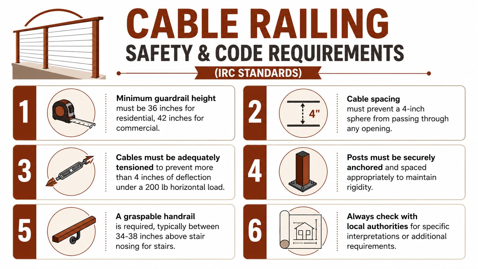 An infographic detailing IRC safety and code requirements for installing residential or commercial cable deck railing systems.