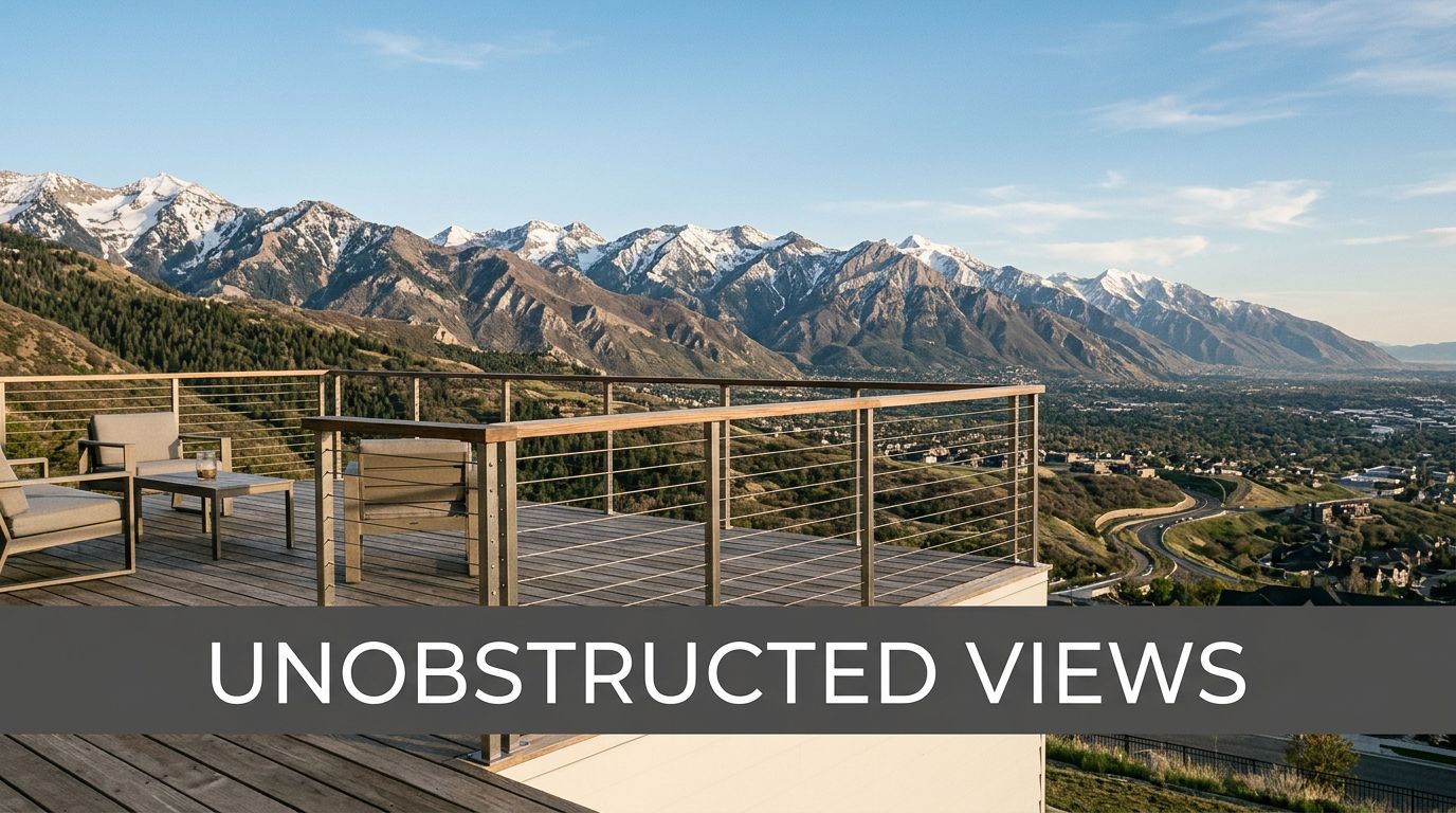 A modern deck with stainless steel cable railing systems overlooking beautiful snow-capped mountains and a valley.