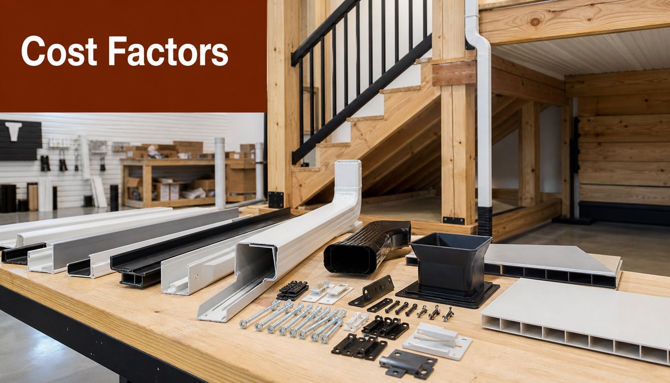 Various parts and mounting hardware for an under deck drainage system displayed on a wooden workbench.