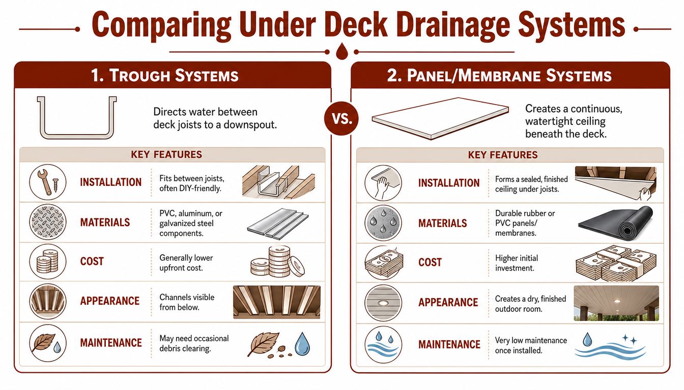 Comparison chart detailing the differences between trough systems and panel membrane systems for under deck drainage.